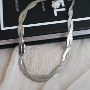 Silver Twisted Herringbone Chain Necklace, Double Snake Chain, Silver Snake Chain, Stainless Steel, Silver Jewelry, Layering Necklace