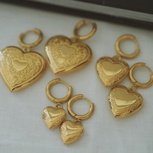 18K Gold Plated Locket Huggie Hoop Earrings , Vintage Style Locket Heart Hoops , Waterproof , Stainless Steel Locket Earrings , Gift For Her
