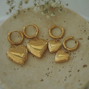 Heart Locket Hoop Earrings , Small Vintage Style Locket Earrings , Gold Heart Drop Earrings , Stainless Steel Gold Hoops , Gift For Her