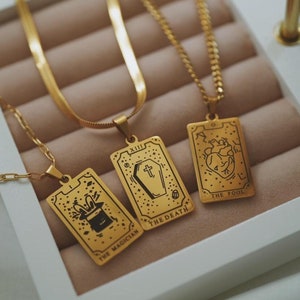 Gold Tarot Necklace , Dainty Tarot Card Necklace , Rectangle Tag Tarot Pendant , Sun Magician Moon Wheel Tarot Cards , Gift For Her , Mom