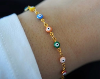 Evil Eye Link Chain Bracelet , Multi Color Evil Eye Beaded Bracelet , Protection Eye Bracelet , Stainless Steel , Dainty Chain Bracelet