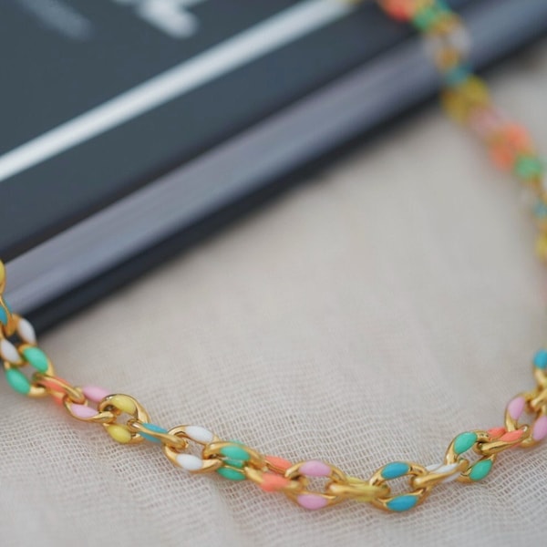 Colorful Link Chain Necklace , Enamel Link Chain Bracelet , Chunky Link Chain , Paperclip Chain , Stainless Steel , Layering Choker Necklace