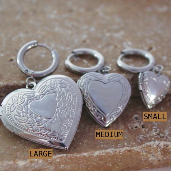 Heart Locket Hoop Earrings | Silver Stainless Steel Locket Earrings | Small, Medium, Large Locket Hoops | Silver Hoops | Silver Heart Locket