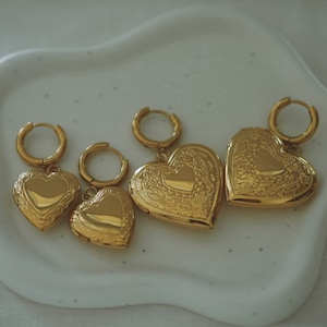 Gold Heart Locket Hoop Earrings , Vintage Style Photo Locket Earrings , Gold Heart Drop Earrings Stainless Steel , Gold Hoops , Gift For Her