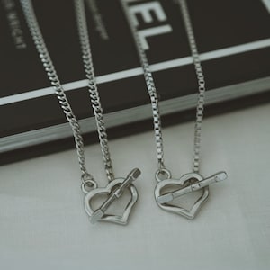 Dainty Heart Toggle Choker Necklace , Silver Heart Arrow Choker Necklace , Stainless Steel , Dainty Layering Heart Toggle Clasp Necklace