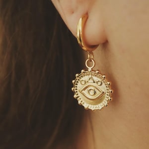 Evil Eye Coin Hoop Earrings · Vintage Style Coin Earrings · Protection Eye Earrings · Evil Eye Jewelry · Waterproof · Gift For Her , Mom