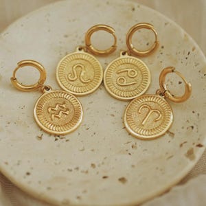 Zodiac Charm Hoop Earrings · Horoscope Zodiac Constellation Sign Earrings · 18K Gold Plated Stainless Steel · Waterproof · Personalized Gift