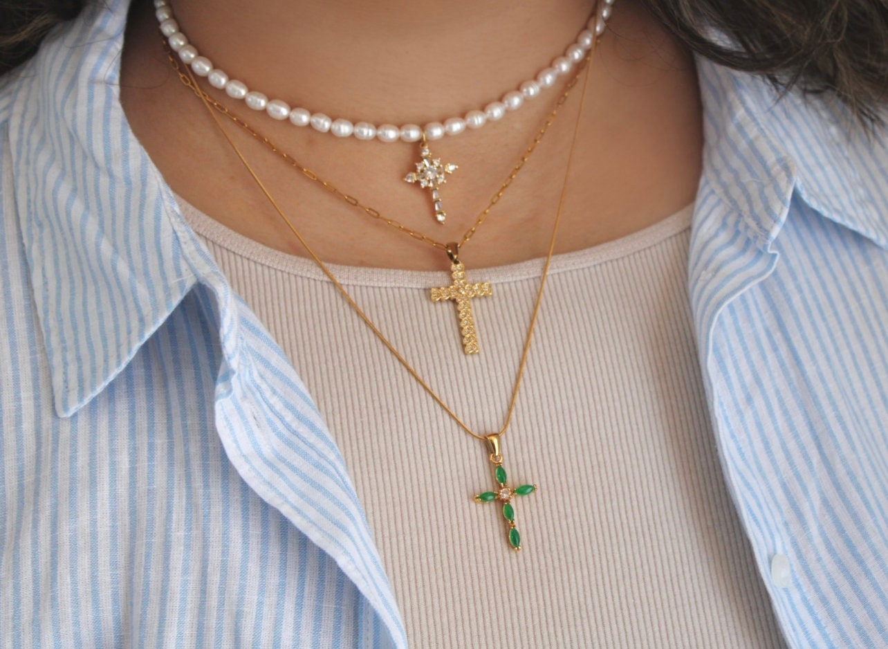 Gold Cross Necklace | Heart Cross | Pray Cross | Dainty CZ