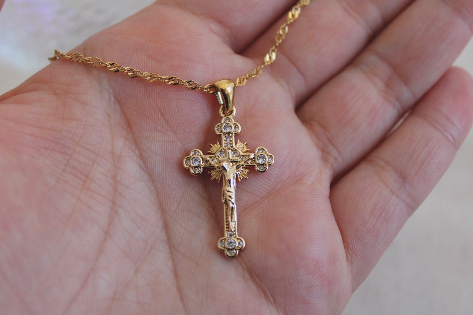 Gold Rosary Cross Necklace Rosary Cross Jade Cross Etsy