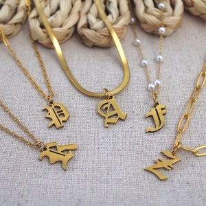 Initial Letter Necklace, Gold Old English Letter Initial Necklace, Gold Gothic Initial Letter, Personalized Unisex Gift, Stainless Steel