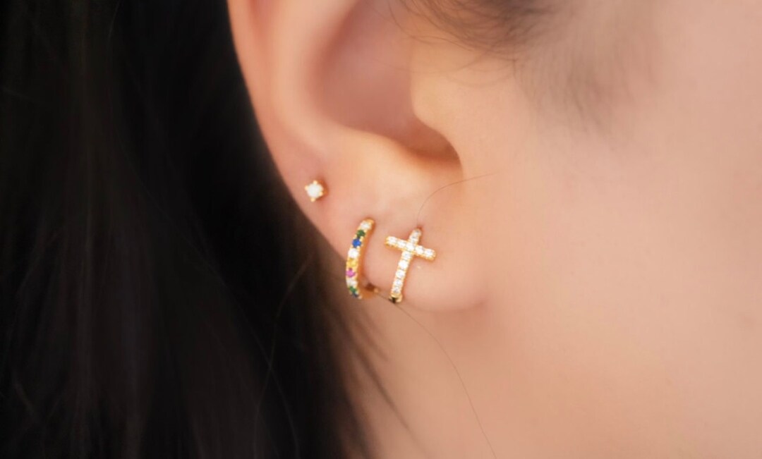 Gold Cross Hoop Earrings , Dainty Pave Cross Huggies , CZ Cross Earring , Tiny Hoops , Small