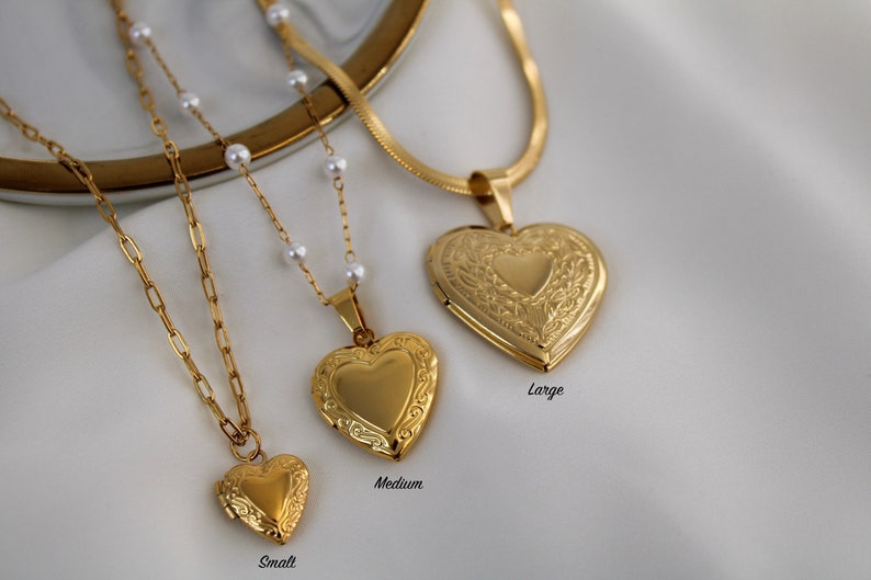 Gold Heart Locket Necklace Big Small Vintage Locket Choker Waterproof Chain Tarnish Free Pendant Best Friend Personalized Gift Mom Her Woman 