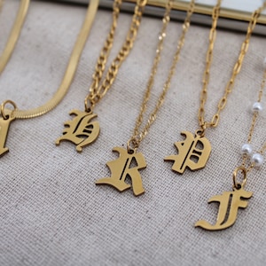 Gold English Initial Letter Necklace, Stainless Steel, Gold Old English Letter Initial Necklace, Gothic Initial Letter, Personalized Gift