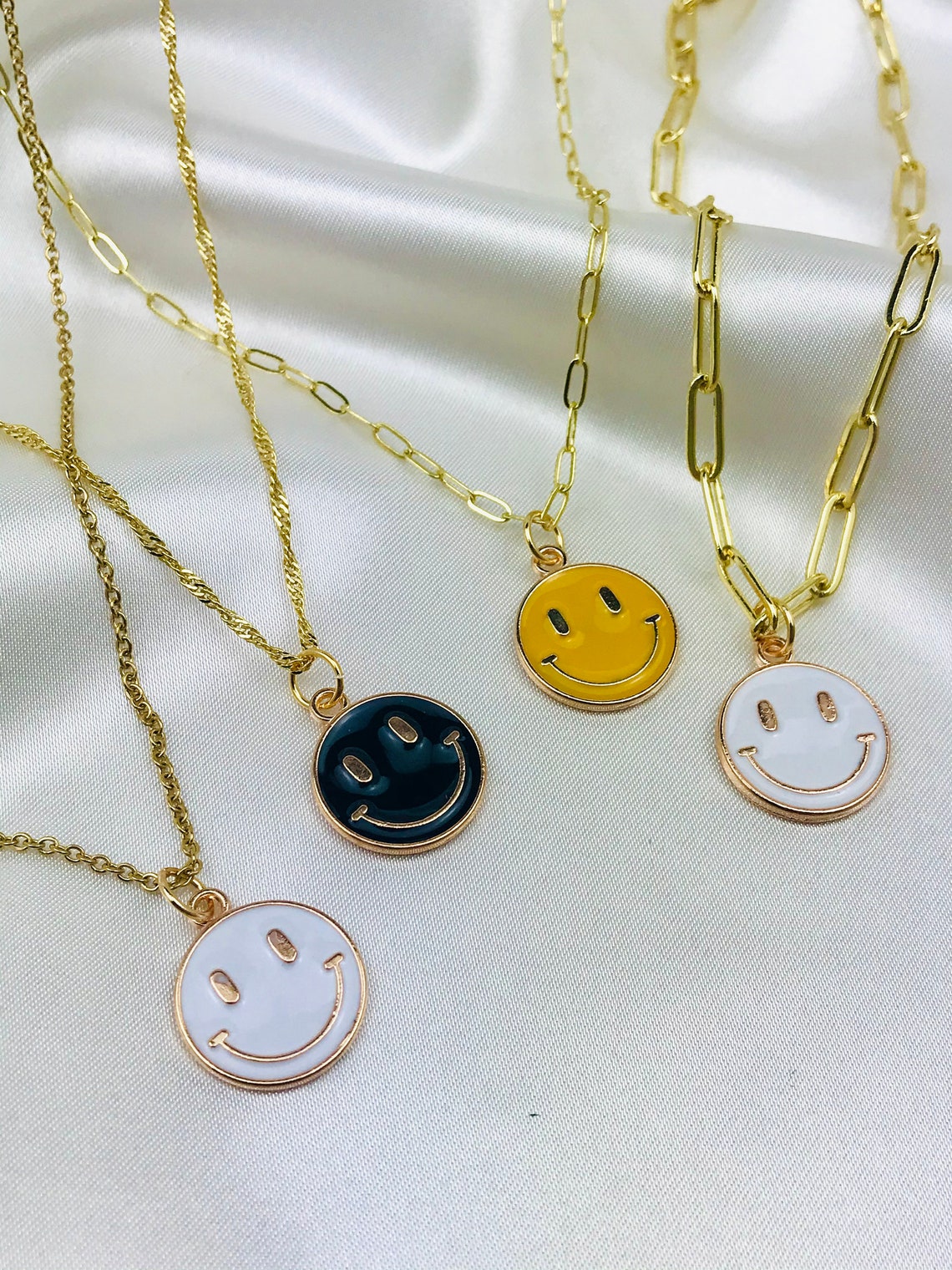 Gold Smiley Emoji Face Necklace Paperclip Chain Necklace Etsy