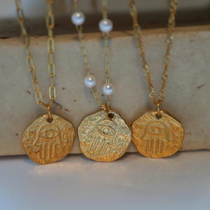 Hamsa Hand Evil Eye Necklace , Vintage Style Medallion Coin Necklace , Protection Necklace , Gold Layering Pendant Necklace , Waterproof