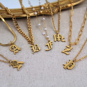 Initial Letter Necklace, Gold Old English Letter Initial Necklace, Gold Gothic Initial Letter, Personalized Unisex Gift, Stainless Steel