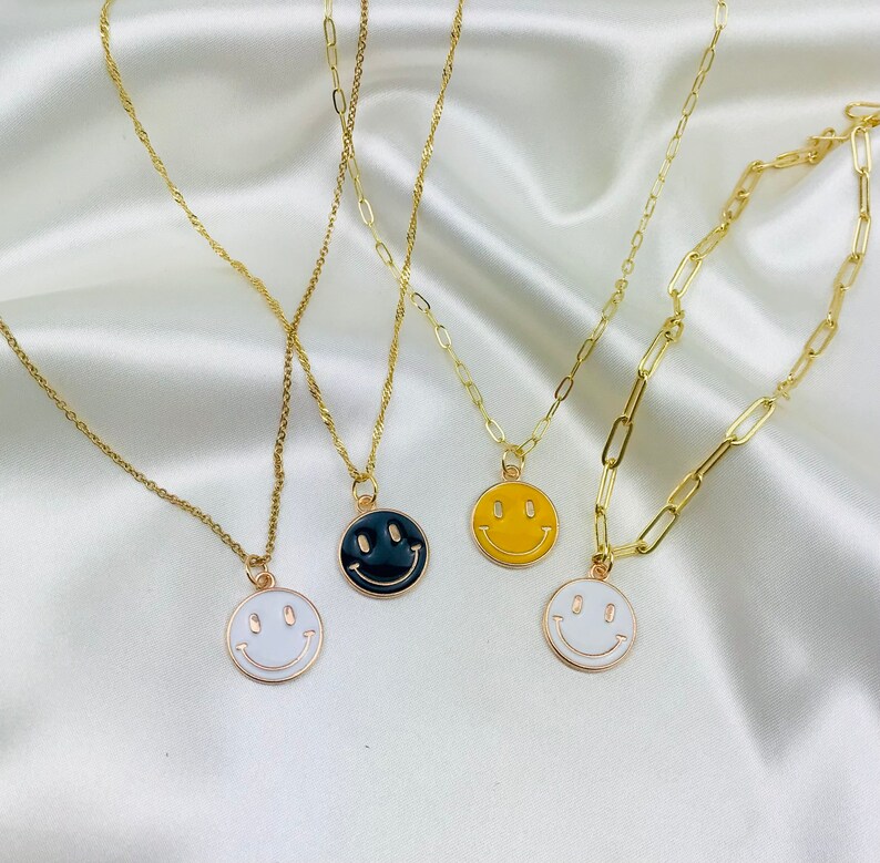 Gold Smiley Emoji Face Necklace Paperclip Chain Necklace Etsy
