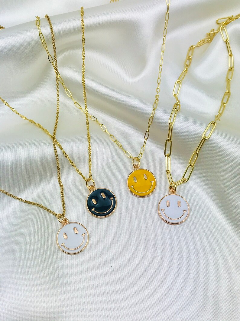 Gold Smiley Emoji Face Necklace Paperclip Chain Necklace Etsy