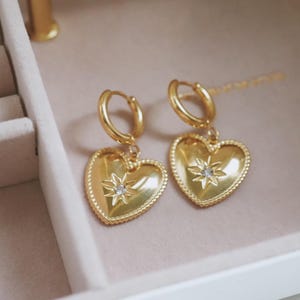 Gold North Star Heart Earrings · Heart Drop Earrings · Diamond Star Hoop Earrings · North Star Jewelry · Love Earrings · Gift For Her , Mom