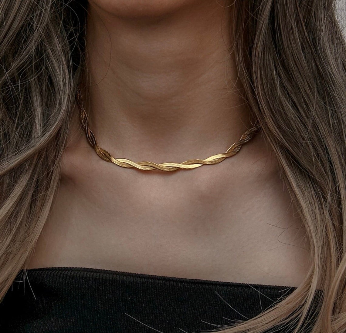 18K Gold Twisted Herringbone Chain WATERPROOF Braided Etsy
