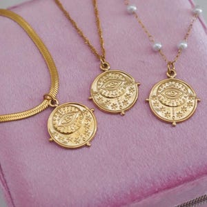 Evil Eye Necklace , Vintage Style Evil Eye Coin Necklace , Protection Necklace , Evil Eye Jewelry , Waterproof , Anti Tarnish , Gift For Her