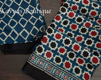 Blue Ajrakh Saree on Modal Silk | Sarees for women | Kavya's Boutique Saree | Ethnic wear | Ships from Utah, USA
