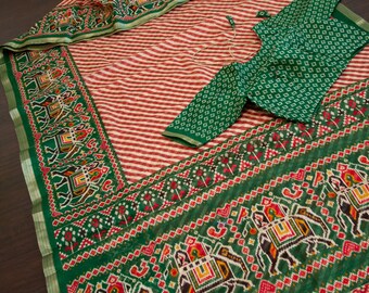 Red and Green Linen Jute Silk Saree with Lehriya Print | Sarees for women | Kavyas Boutique | Ethnic wear | Ships from Utah, USA