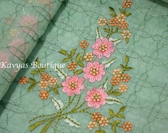 Pastel Green Chanderi Blend Saree with Embroidered Flowers | Sarees for Women | Kavya's Boutique Saree | Ethnic Wear | Ships from US