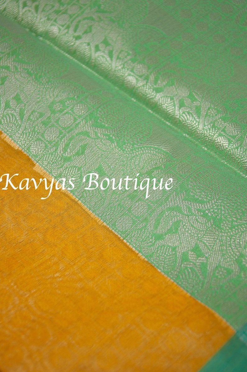 Sarees for women Sari Ships from USA Ethnic wear Kavya/'s Boutique Saree Yellow and Sea Green Semi Banarasi Muslin Saree