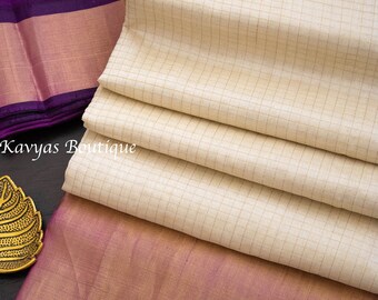 Ivory White and Violet Pure Kuppadam Silk saree | Sarees for women | Kavyas Boutique Saree | Kuppadam | Ethnic wear | Ships from USA