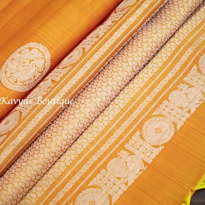 Mustard Yellow Handloom Kanchivaram Pure Silk Silver Zari Saree | Silk Mark Certified | Sarees for Women | Kavyas Boutique |Ships from US