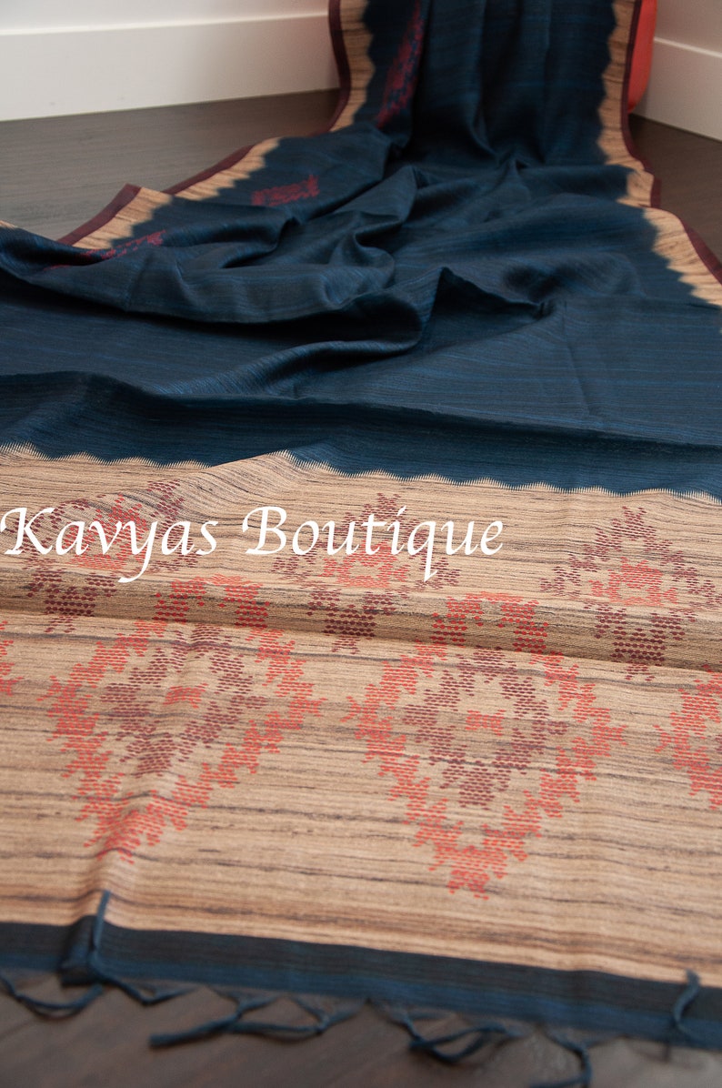 Ethnic wear Ships from Utah USA Kavya/'s Boutique Saree Sarees for women Prussian Blue Metallic Linen Blend Saree