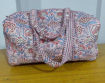 Handmade Floral Quilted Duffle Bag Pink Block Print Weekender Bag Cotton Travel Bag Overnight Gym Bag Boho Indian Handbag.