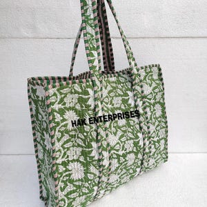 Floral Outdoor Tote - Green Beach Bag -Block Print Women Shoulder Bag- Quilted Boho Travel Bag -Washable Tote- Picnic Bag- Multi Purpose Bag