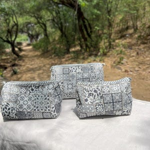 Grey Patchwork Makeup Bag Set Quilted Cosmetic Pouch Set Travel Toiletry Organizer Handmade Zipper Pouches Set of 3 Gift For Her.