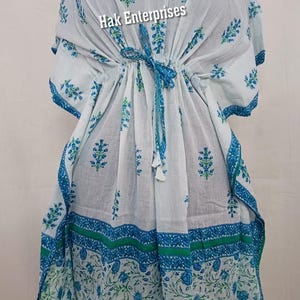 Block print Kaftan Beach Coverup Cotton Kaftan Sky & White Beach Dress Cruise wear Summer dress Indian Kaftan Nightdress Organic cotton