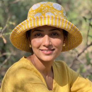 Yellow Floral Bucket Hat Cotton Sun Hat Boho Summer Hat Handmade Wide Brim Hat Gift For Her.
