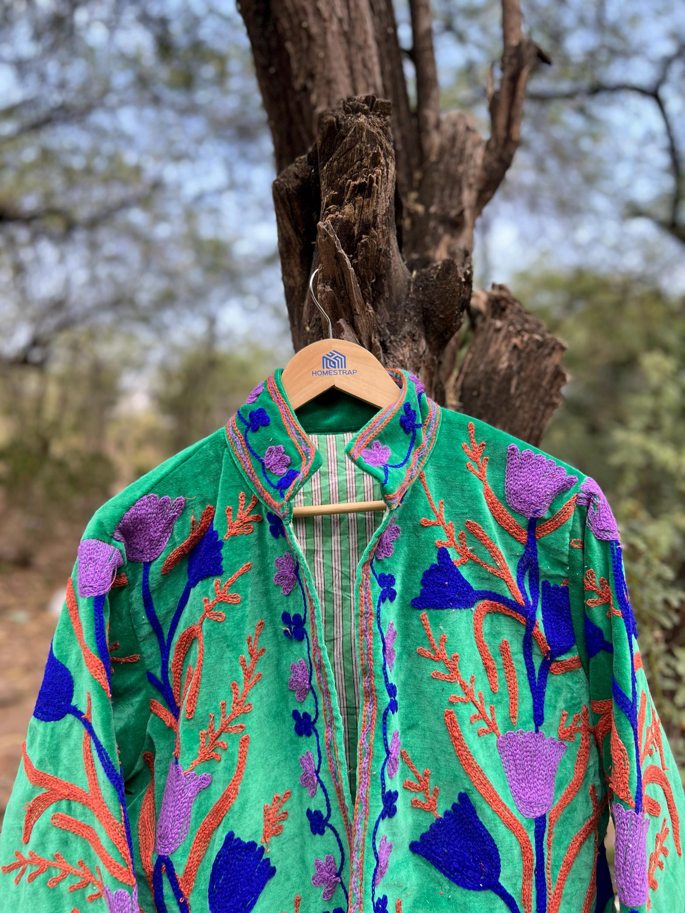 Emerald Jacket Emerald Green Velvet Jacket - Purple Blue Floral Hand Embroidery Boho ...