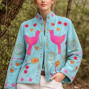 Handmade Embroidered Jacket Boho Velvet Bird Coat Sky Blue Statement Jacket Artistic Floral Outerwear Unique Gift for Her.