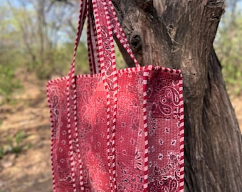 Maroon Bandana Quilted Tote Bag – Paisley Print Cotton Shoulder Bag.