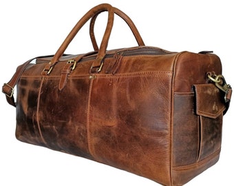 Bolso de fin de semana de cuero marrón de grano completo hecho a mano: bolso de viaje de 25 pulgadas