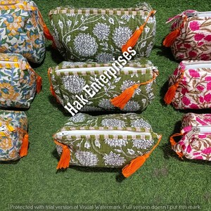 Cotton Block Print Toiletry Bag Set: Quilted Waterproof Travel Pouches