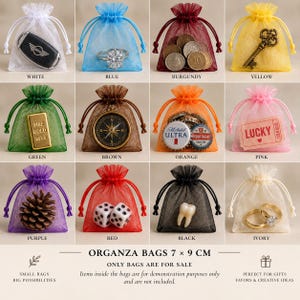 Op de afbeelding: Een collectie van twaalf transparante organza zakjes met trekkoord in wit, blauw, bordeaux, geel, groen, bruin, oranje, roze, paars, rood, zwart en ivoor. Elk zakje meet 7 bij 9 cm en bevat diverse kleine voorwerpen voor demonstratiedoeleinden.