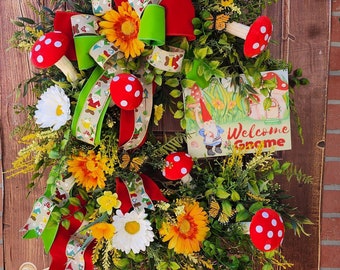 Large Mushroom Gnome Summer Grapevine Wreath for Front! Mushroom and Sunflower Wreath with Welcome Sign, Everyday Wreath