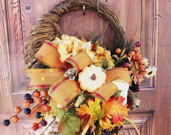 Elegant Fall Cornucopia Grapevine Wreath, Front Door Wreaths, Fall Decor, Autumn Wreath, Table Centerpiece, Thanksgiving Wreath.