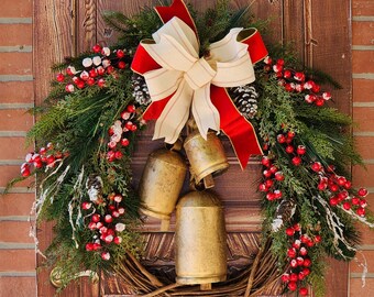 Christmas Bells Large Grapevine Wreath, Front Door Wreath, Christmas Wall hanging, Christmas Gift