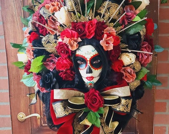 Dia de Los Muertos , Day of the Dead Mannequin Wreath for Front Door with Bow.