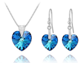 Heart Silver Jewellery Set with Swarovski Crystal in Bermuda Blue