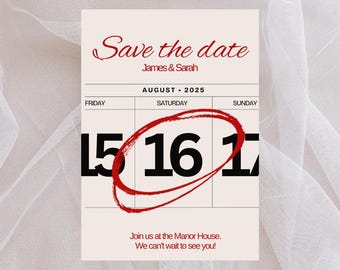 Puede incluir: Tarjeta de guardar la fecha con un diseño de calendario. La fecha 16 de agosto de 2025 está marcada con un círculo rojo. El texto dice "Save the date, James & Sarah, agosto de 2025, Únase a nosotros en Manor House. ¡No podemos esperar a verlo!"