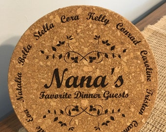 Personalized Grandma's Nana's grandkids names Laser Engraved Cork Trivet Kitchen Accessory